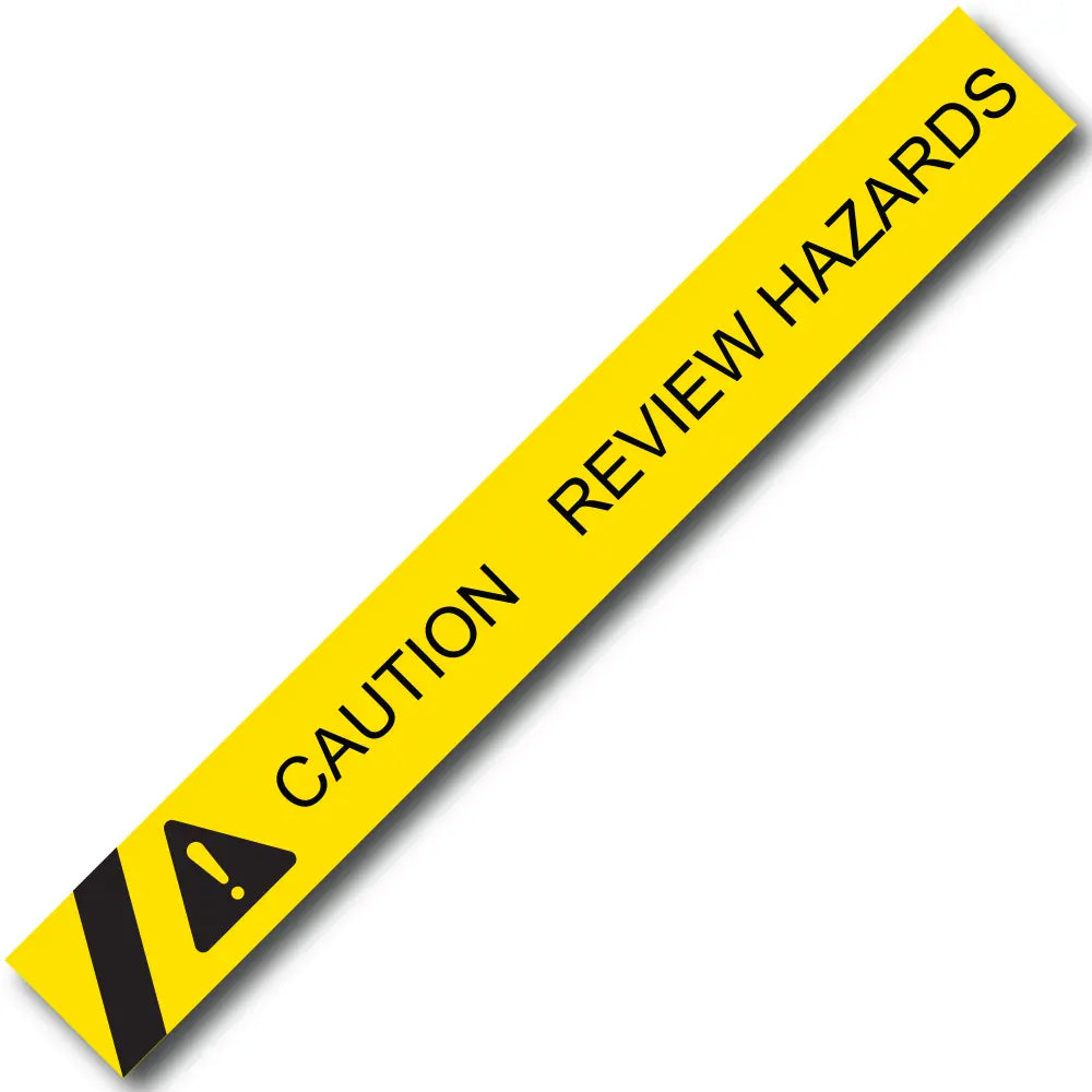 BARRICADE TAPE CAUTION REVIEW HAZARDS YELLOW (WITH STRIPE AND CRITICAL WARNING SYMBOL)