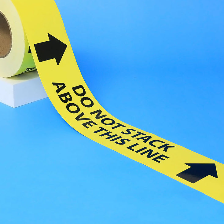 Roll of warning tape with text 'Do Not Stack Above This Line' on a blue background