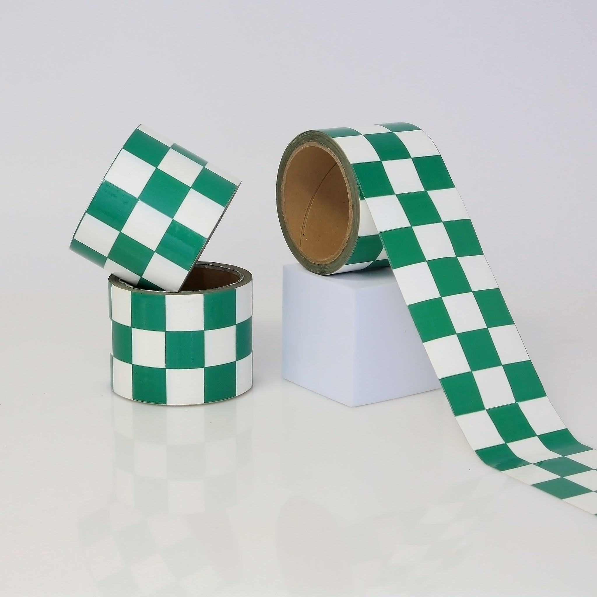 Vinyl Checkerboard Tape 3" x 18 yards Green & White (1" Check on 3" ID Core)