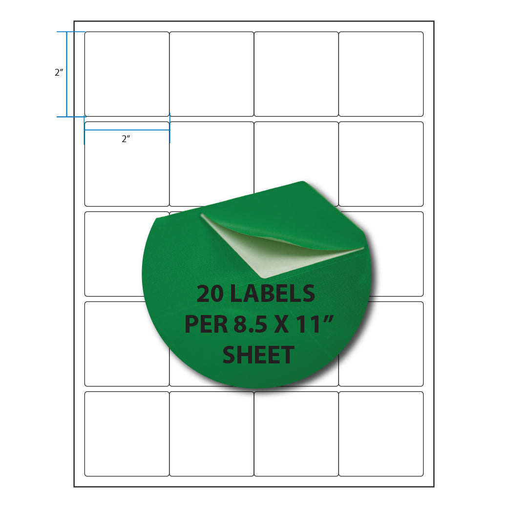 2" Square Sheet Labels – 20/Sheet (8.5" x 11")