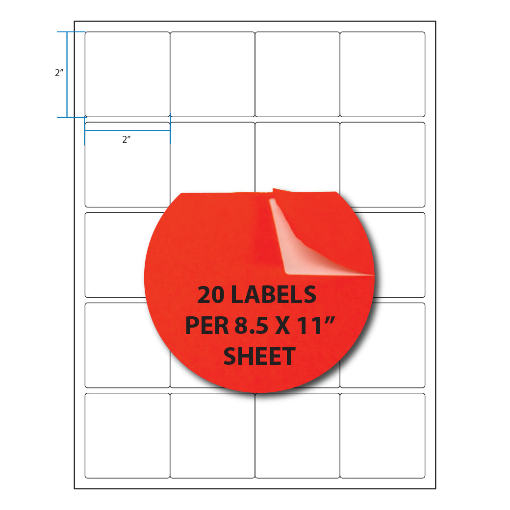 2" Square Sheet Labels – 20/Sheet (8.5" x 11")