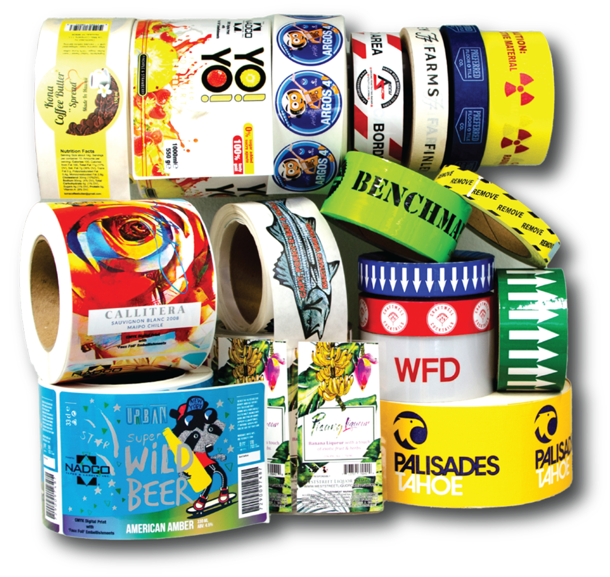 Collection of various branded rolls of tape with different designs and text.