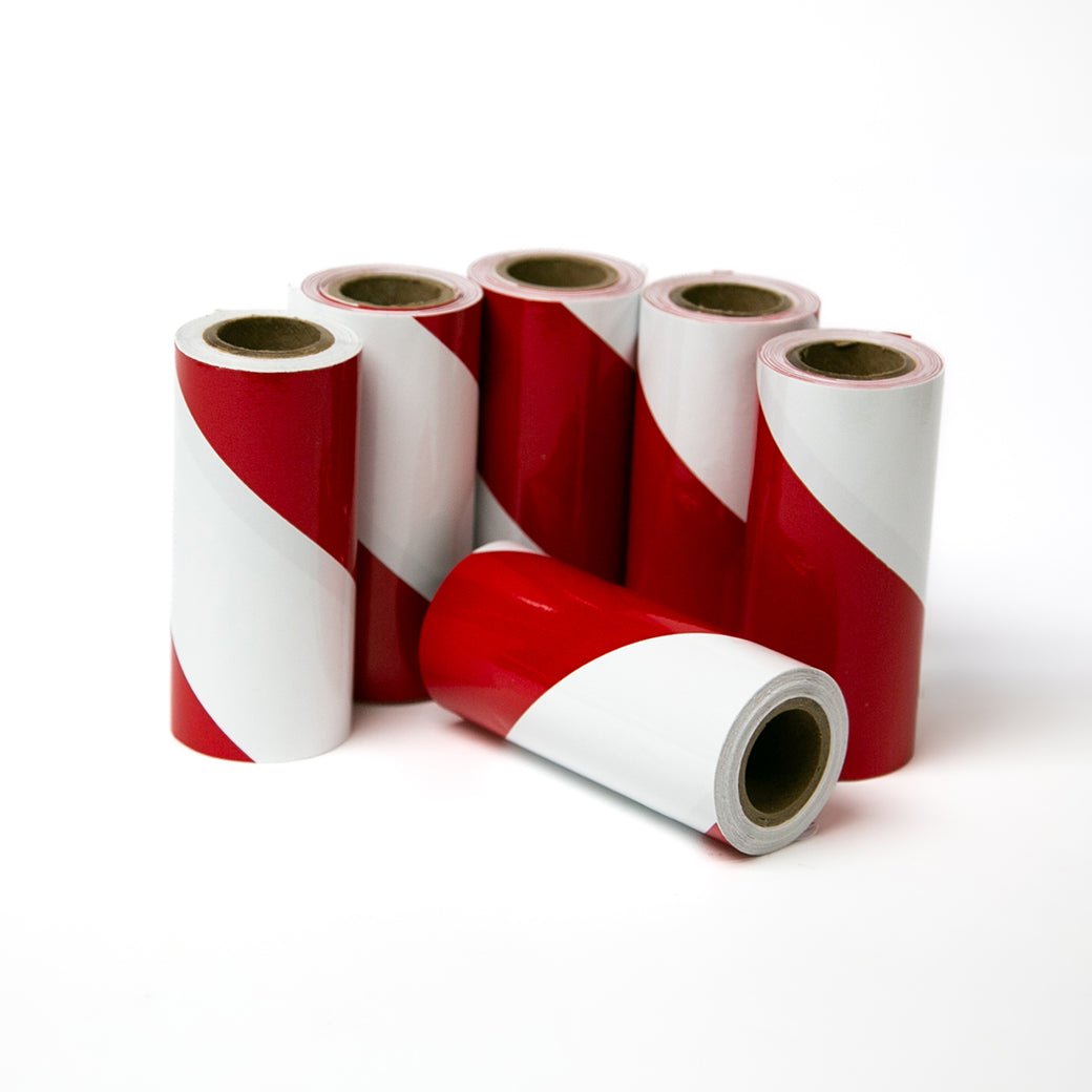 Hazard Stripe Red & White (Minimum Order 10 Rolls Each) 4" x 7 yard Rolls - NADCO Tapes & Labels, Inc.