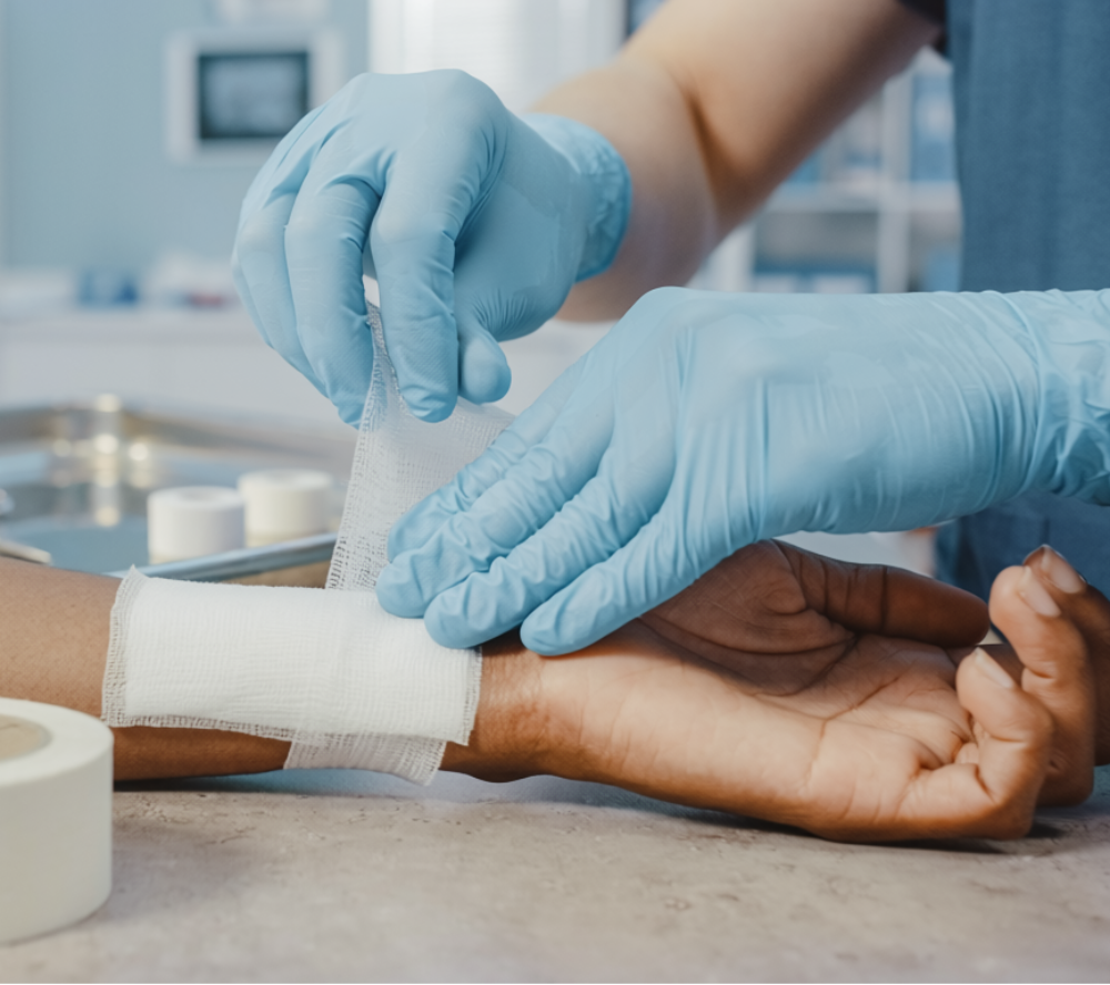 Person applying bandage to a person's arm in a medical setting